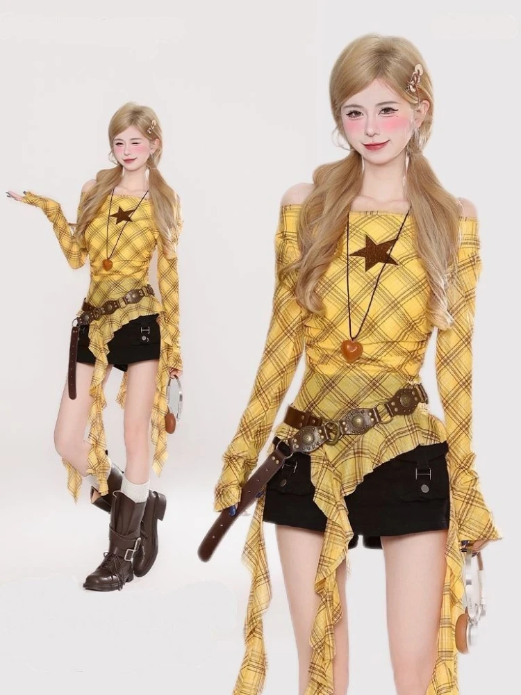 Y2K Plaid Slash Neck Vintage T - Vintage Fashion T Shirts ulasan dan harga