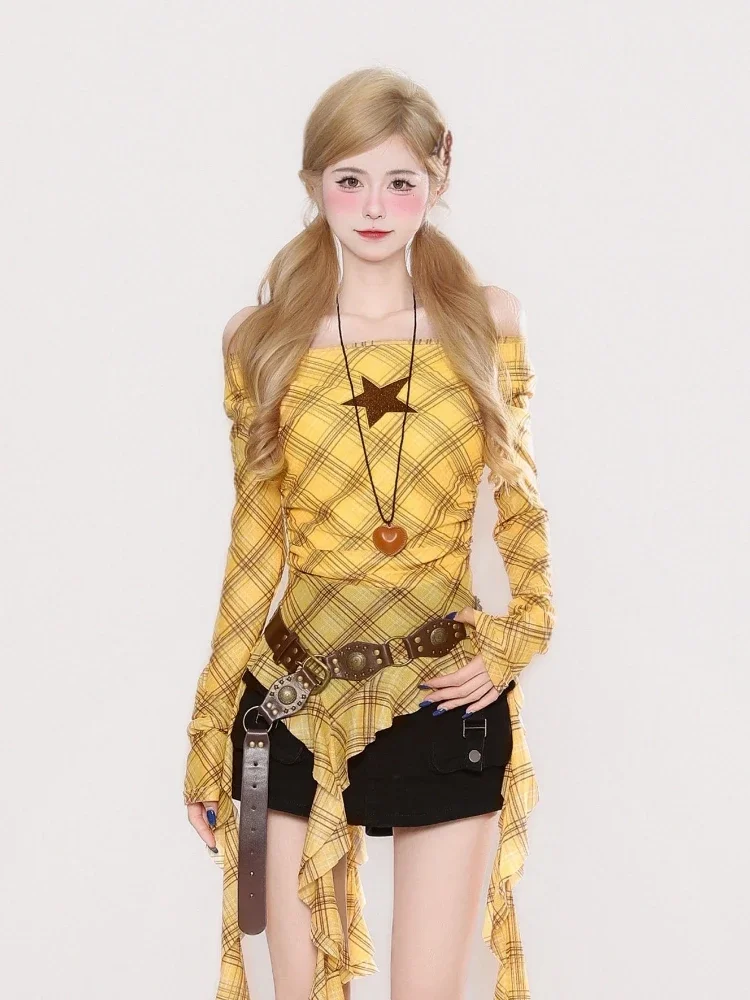 Y2K Plaid Slash Neck Vintage T - Vintage Fashion T Shirts ulasan dan harga