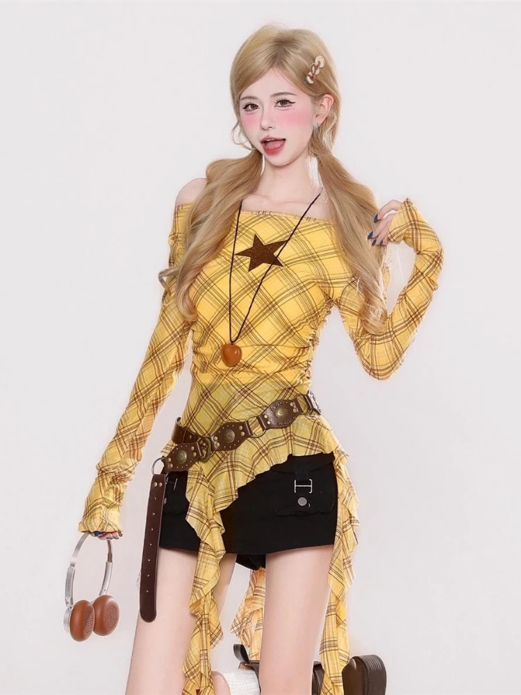 Y2K Plaid Slash Neck Vintage T - Vintage Fashion T Shirts ulasan dan harga